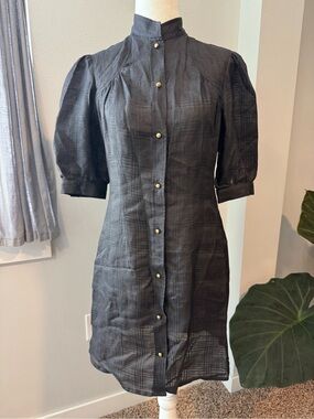Cloak & Dagger NY high neck button down black sheer shirt dress puff sleeve 6
